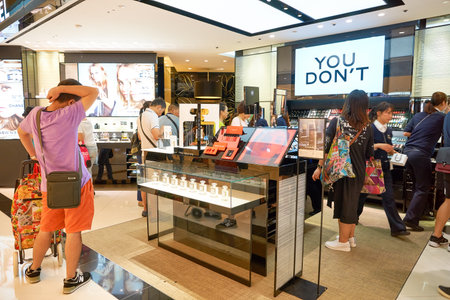 HONG KONG - SEPTEMBER 02, 2016: cosmetics at New Town Plaza shopping mall. New Town Plaza is a shopping mall in the town centre of Sha Tin in Hong Kong.のeditorial素材