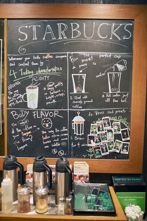 HONG KONG - CIRCA JANUARY, 2016: blackboard inside of Starbucks store in Hong Kong. Starbucks Corporation is an American coffee company and coffeehouse chain.のeditorial素材