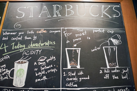HONG KONG - CIRCA JANUARY, 2016: blackboard inside of Starbucks store in Hong Kong. Starbucks Corporation is an American coffee company and coffeehouse chain.のeditorial素材
