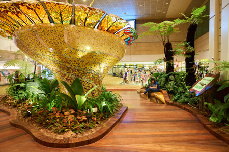 SINGAPORE - CIRCA AUGUST, 2016: inside of Singapore Changi Airport. Singapore Changi Airport is the primary civilian airport for Singapore, and one of the largest transportation hubs in Southeast Asia.のeditorial素材