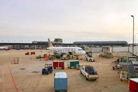 CHICAGO, IL - MARCH 22, 2016: Frontier jet aircraft at Chicago O'Hare International Airport. Frontier Airlines is a United States low cost carrier headquartered in Denver, Colorado, USA.のeditorial素材