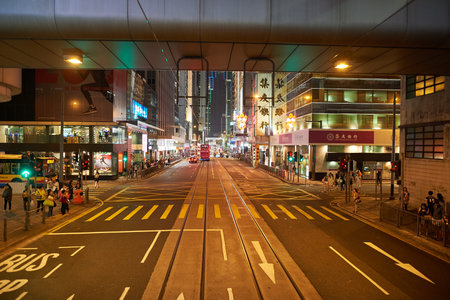 HONG KONG - OCTOBER 25, 2015: view from upper deck of double-decker tramway. The tram is the cheapest mode of public transport on Hong Kong island.のeditorial素材