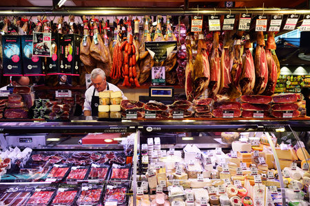 BARCELONA, SPAIN - NOVEMBER 20, 2015: meat displayed at La Boqueria. The Mercat de Sant Josep de la Boqueria is a large public market and one of the city's foremost tourist landmark in Barcelona.のeditorial素材