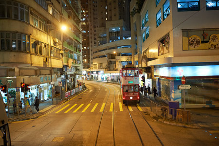 HONG KONG - OCTOBER 25, 2015: view from upper deck of double-decker tramway. The tram is the cheapest mode of public transport on Hong Kong island.のeditorial素材