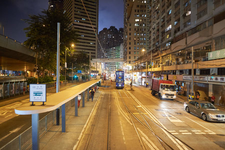 HONG KONG - OCTOBER 25, 2015: view from upper deck of double-decker tramway. The tram is the cheapest mode of public transport on Hong Kong island.のeditorial素材