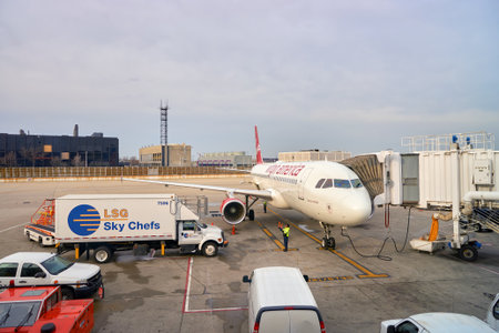 CHICAGO, IL - MARCH 22, 2016: Virgin America jet airliner at Chicago O'Hare International Airport. Virgin America Inc. is a United States-based airline.のeditorial素材
