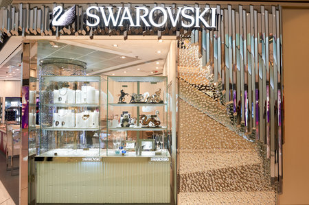 HONG KONG - JANUARY 26, 2016: Swarovski store at the Elements shopping mall. Swarovski AG is an Austrian producer of luxury cut lead glass, headquartered in Wattens, Austria.のeditorial素材