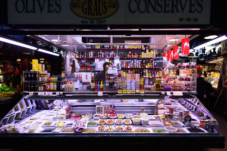 BARCELONA, SPAIN - NOVEMBER 20, 2015: inside La Boqueria in Barcelona. The Mercat de Sant Josep de la Boqueria is a large public market and one of the city's foremost tourist landmark in Barcelona.のeditorial素材