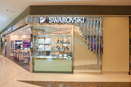 HONG KONG - JANUARY 26, 2016: Swarovski store at the Elements shopping mall. Swarovski AG is an Austrian producer of luxury cut lead glass, headquartered in Wattens, Austria.のeditorial素材