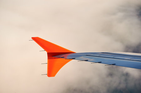 Left wing with winglet of a commercial narrow-body aircraftの写真素材
