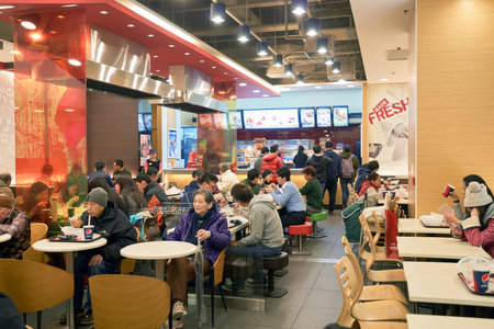 HONG KONG - CIRCA JANUARY, 2016: KFC restaurant in Hong Kong. Kentucky Fried Chicken, or simply KFC, is a fast food restaurant chain that specializes in fried chicken.のeditorial素材