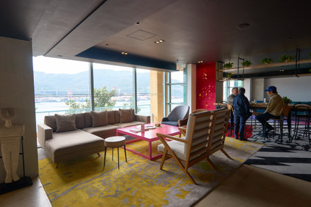 HONG KONG - 27 JANUARY, 2016: inside Bay Bridge Hong Kong by Hotel G. The hotel located on 123 Castle Peak Road, Ting Kau, Tsuen Wan, Hong Kong.のeditorial素材