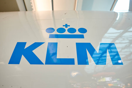 AMSTERDAM, NETHERLANDS - CIRCA NOVEMBER, 2015: close up shot of KLM sign at Amsterdam Airport. KLM is the flag carrier airline of the Netherlands.のeditorial素材