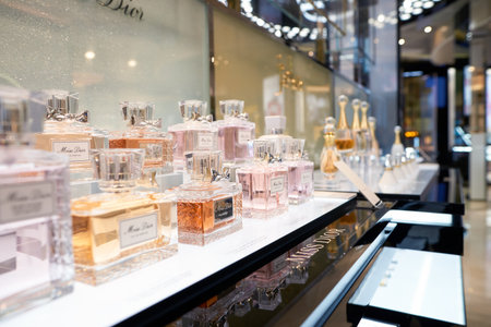 SINGAPORE - CIRCA AUGUST, 2016: a cosmetics store at Changi Airport. Cosmetics, also known as make-up, are substances or products used to enhance the appearance or fragrance of the body.のeditorial素材