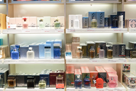 SINGAPORE - CIRCA SEPTEMBER, 2016: a cosmetics store at Changi Airport. Cosmetics, also known as make-up, are substances or products used to enhance the appearance or fragrance of the body.のeditorial素材