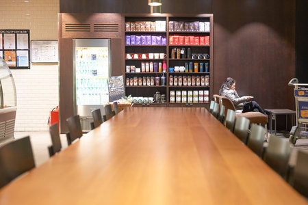 SAINT PETERSBURG, RUSSIA - 10 NOVEMBER, 2016: inside of Starbucks at Pulkovo Airport. Starbucks Corporation is an American coffee company and coffeehouse chain.のeditorial素材