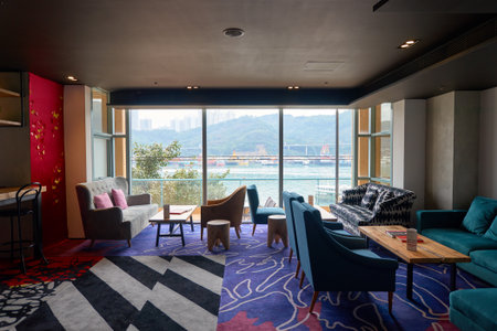HONG KONG - 27 JANUARY, 2016: inside Bay Bridge Hong Kong by Hotel G. The hotel located on 123 Castle Peak Road, Ting Kau, Tsuen Wan, Hong Kong.のeditorial素材