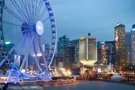 HONG KONG - CIRCA JANUARY, 2016: Ferris Wheel in Hong Kong at twilight. The Hong Kong Observation Wheel is located in Central, Hong Kong.のeditorial素材