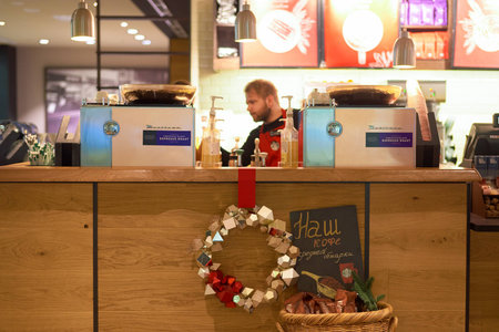 SAINT PETERSBURG, RUSSIA - 10 NOVEMBER, 2016: inside of Starbucks at Pulkovo Airport. Starbucks Corporation is an American coffee company and coffeehouse chain.のeditorial素材