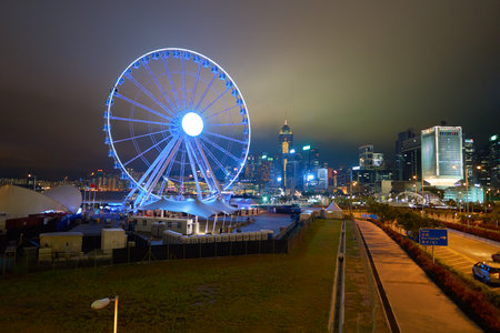 HONG KONG - CIRCA NOVEMBER, 2016: Ferris Wheel in Hong Kong at night. The Hong Kong Observation Wheel is located in Central, Hong Kong.のeditorial素材