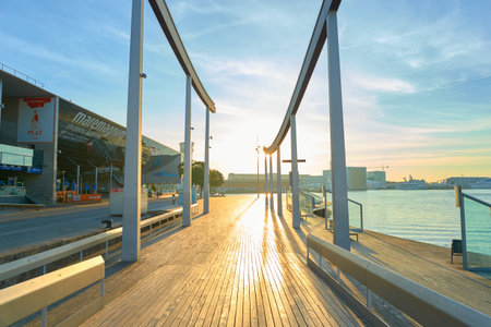 BARCELONA, SPAIN - NOVEMBER 20, 2015: Rambla de Mar in Barcelona in the morning. Barcelona is the capital city of the autonomous community of Catalonia in the Kingdom of Spain.のeditorial素材