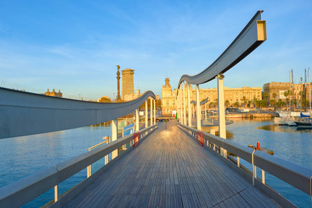 BARCELONA, SPAIN - NOVEMBER 20, 2015: Rambla de Mar in Barcelona in the morning. Barcelona is the capital city of the autonomous community of Catalonia in the Kingdom of Spain.のeditorial素材