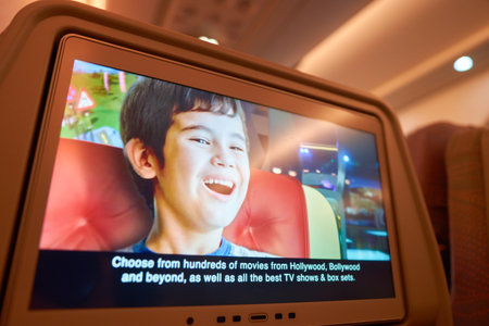 DUBAI, UAE - CIRCA NOVEMBER 2016: close up shot of a seat-back screen inside the cabin of a Emirates A380.のeditorial素材