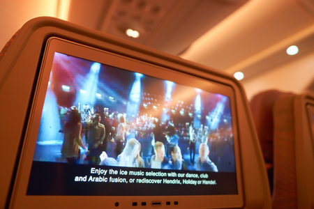 DUBAI, UAE - CIRCA NOVEMBER 2016: close up shot of a seat-back screen inside the cabin of a Emirates A380.のeditorial素材
