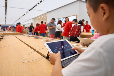 HONG KONG - CIRCA NOVEMBER, 2016: inside Apple store. Apple is an American multinational technology company.のeditorial素材