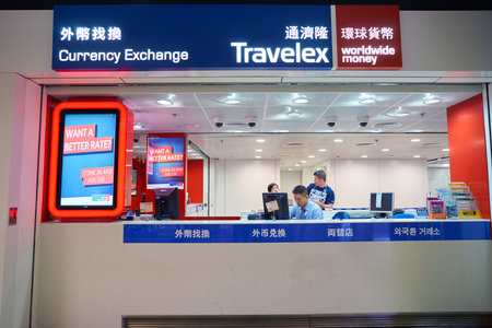 HONG KONG - CIRCA NOVEMBER, 2016: Travelex at Hong Kong International Airport. It is the main airport in Hong Kong. The airport is located on the island of Chek Lap Kokのeditorial素材