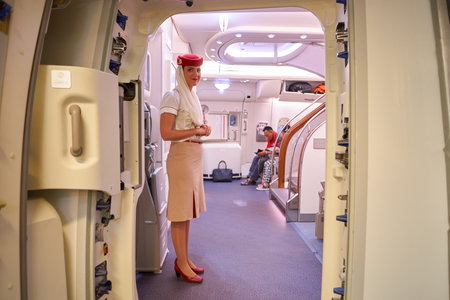 DUBAI, UAE - CIRCA NOVEMBER 2016: Emirates crew member on board of A380. Emirates is one of two flag...