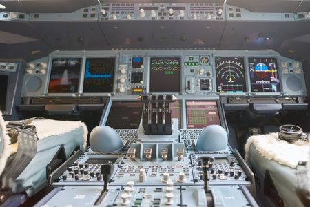 HONG KONG - CIRCA NOVEMBER, 2016: cockpit of Emirates Airbus A380. The Airbus A380 is a double-deck, wide-body, four-engine jet airliner.のeditorial素材