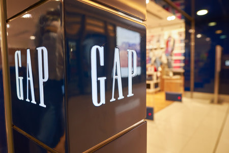 HONG KONG - CIRCA NOVEMBER, 2016: close up shot of GAP sign in Hong Kong. Shopping is a widely popular social activity in Hong Kong.のeditorial素材