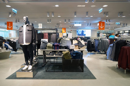 HONG KONG - CIRCA NOVEMBER, 2016: inside H & M store in Hong Kong. H & M Hennes & Mauritz AB is a Swedish multinational retail-clothing company, known for its fast-fashion clothing.のeditorial素材
