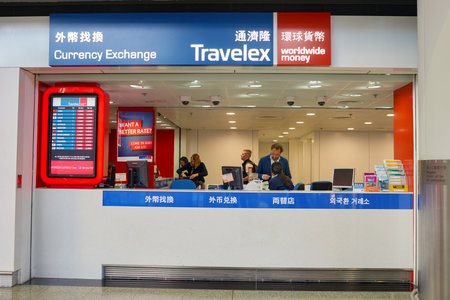 HONG KONG - CIRCA NOVEMBER, 2016: Travelex at Hong Kong International Airport. It is the main airport in Hong Kong. The airport is located on the island of Chek Lap Kokのeditorial素材