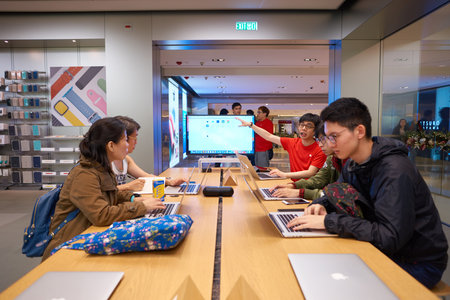 HONG KONG - CIRCA NOVEMBER, 2016: inside Apple store. Apple is an American multinational technology...