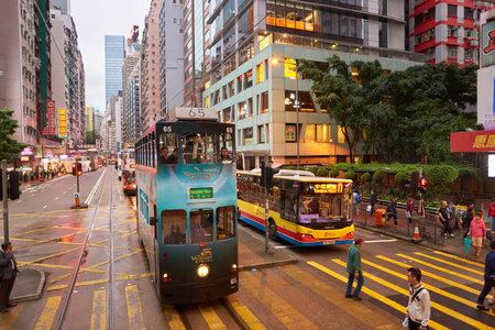 HONG KONG - CIRCA NOVEMBER, 2016: view from upper deck of double-decker tramway. The tram is the cheapest mode of public transport on Hong Kong islandのeditorial素材