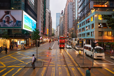 HONG KONG - CIRCA NOVEMBER, 2016: view from upper deck of double-decker tramway. The tram is the cheapest mode of public transport on Hong Kong islandのeditorial素材