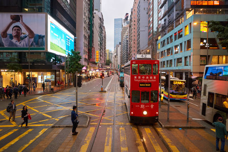 HONG KONG - CIRCA NOVEMBER, 2016: view from upper deck of double-decker tramway. The tram is the cheapest mode of public transport on Hong Kong islandのeditorial素材