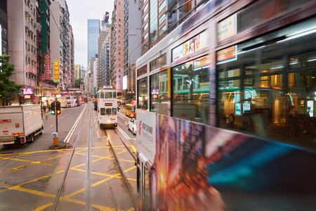 HONG KONG - CIRCA NOVEMBER, 2016: view from upper deck of double-decker tramway. The tram is the cheapest mode of public transport on Hong Kong islandのeditorial素材