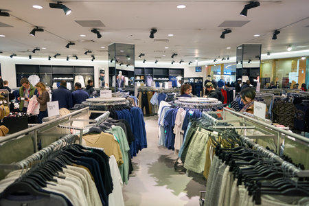SAINT PETERSBURG, RUSSIA - CIRCA APRIL, 2017: inside a H & M store at Galeria shopping center.