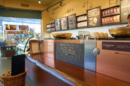 SAINT PETERSBURG, RUSSIA - CIRCA APRIL, 2017: inside Starbucks coffee shop. Starbucks Corporation is an American coffee company and coffeehouse chain.のeditorial素材