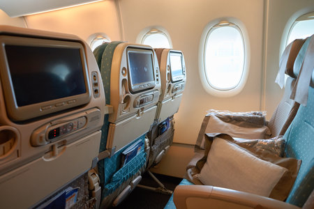 SINGAPORE - CIRCA AUGUST, 2016: inside Singapore Airlines Airbus A380. The Airbus A380 is a...