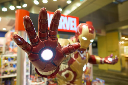 SINGAPORE - CIRCA AUGUST, 2016: close up shot of Iron Man figure on display at a store in Singapore Changi Airport. Changi Airport is one of the largest transportation hubs in Southeast Asia.のeditorial素材