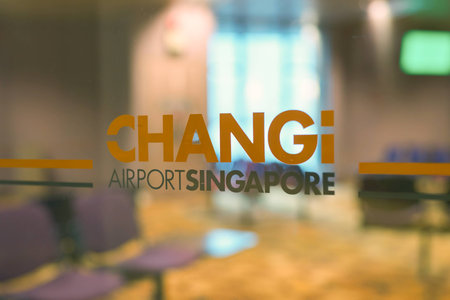 SINGAPORE - CIRCA SEPTEMBER, 2016: close up shot of Singapore Changi Airport sign. Changi Airport is one of the largest transportation hubs in Southeast Asia.のeditorial素材