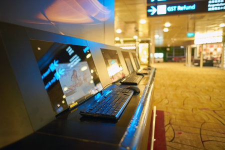 SINGAPORE - CIRCA AUGUST, 2016: free-to-use computers at Singapore Changi Airport. Changi Airport is one of the largest transportation hubs in Southeast Asia.のeditorial素材