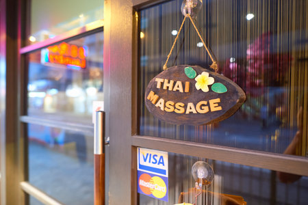 HONG KONG - OCTOBER 25, 2015: close up shot of thai massage sign in Kennedy Town. Kennedy Town is at the western end of Sai Wan on Hong Kong Islandのeditorial素材