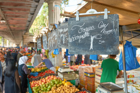 PARIS, FRANCE - CIRCA SEPTEMBER, 2014: food for sell at Barbes market on Boulevard de la Chapelle...