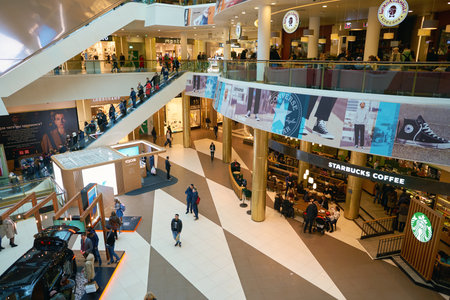 SAINT PETERSBURG, RUSSIA - CIRCA APRIL, 2017: various coffee shops at Galeria shopping center. Galeria is major shopping and entertainment center is located in downtown of St. Petersburgのeditorial素材