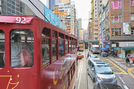 HONG KONG - CIRCA DECEMBER, 2015: double-decker tramway in Hong Kong at daytime.のeditorial素材